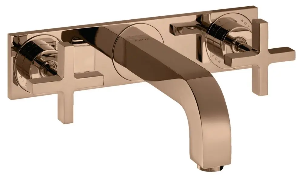 Drei-Loch Waschtischarmatur von AXOR mit Kreuzgriffen und einem Auslauf in Polished Red Gold. Wandmontage, elegante Formgebung und funktionale Steuerung.
